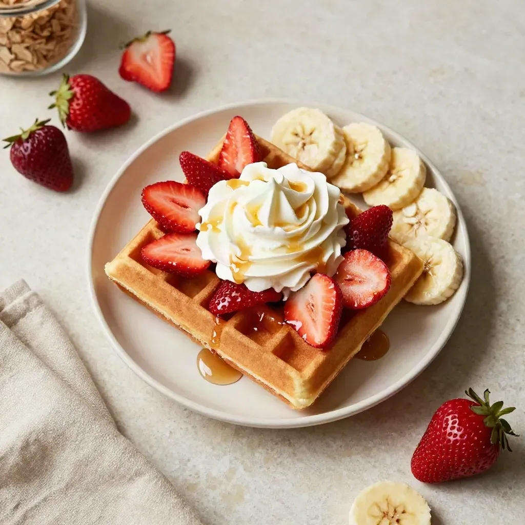 Waffle in cream bowl topped with strawberries, banana, whipped cream, and syrup
