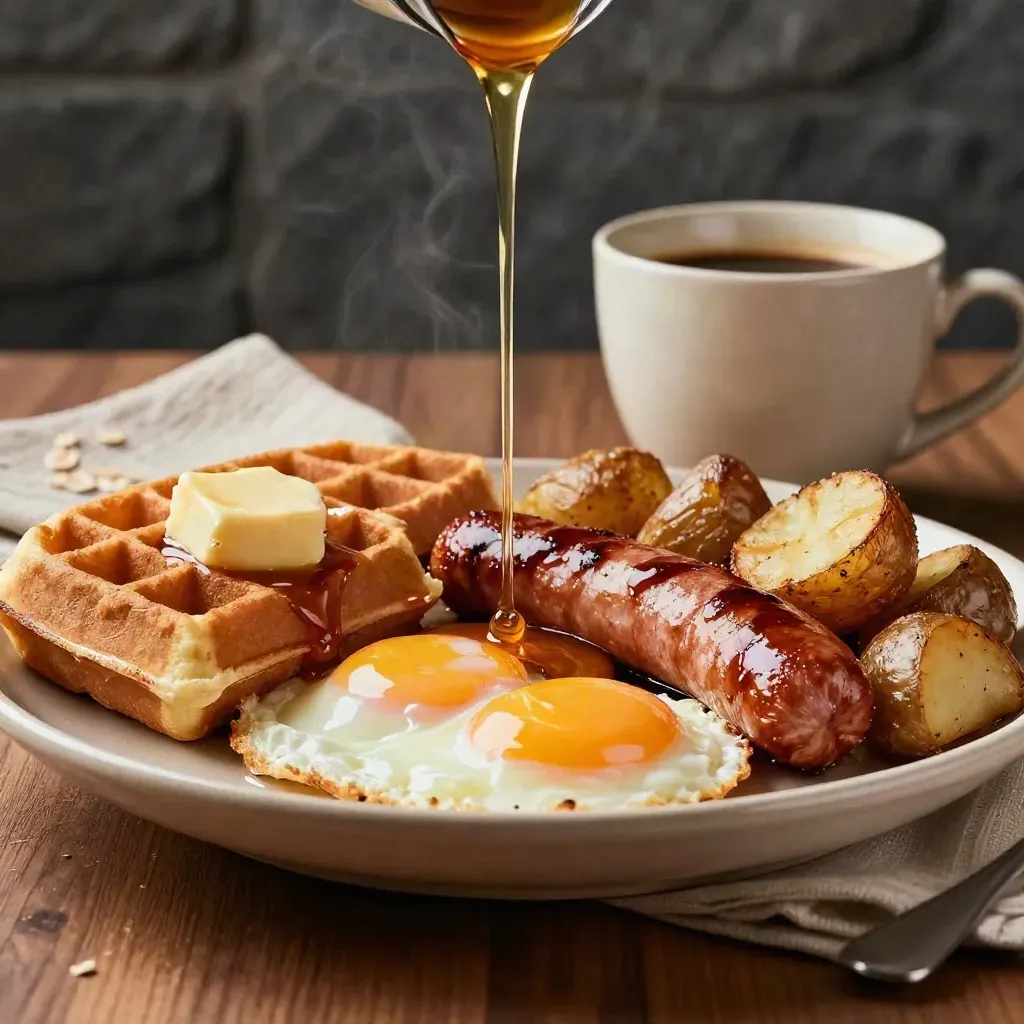 Close-up breakfast plate with waffle, eggs, sausage, potatoes, coffee and steam