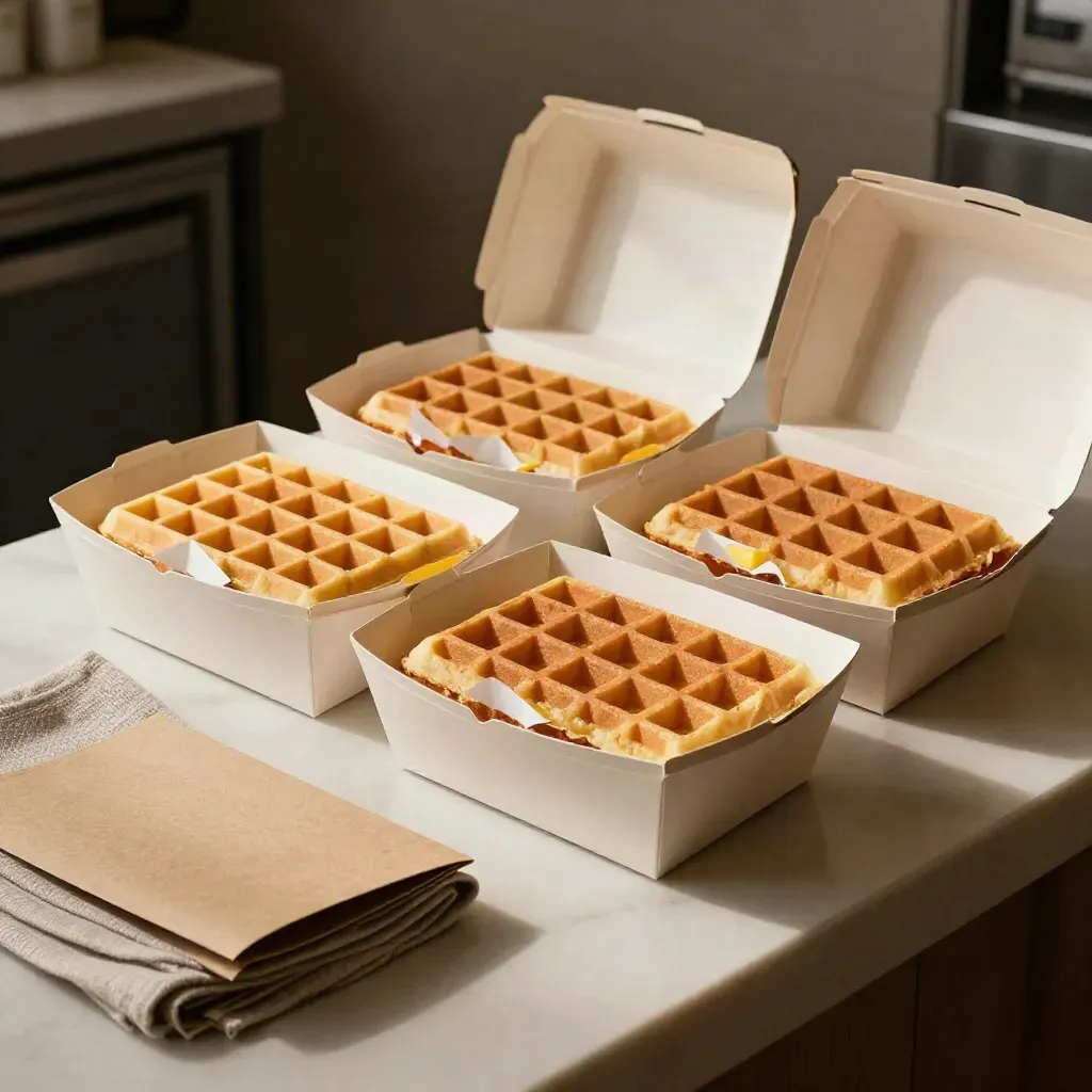 Open takeaway waffle boxes with waffle halves on a pale prep counter, ready for pickup.