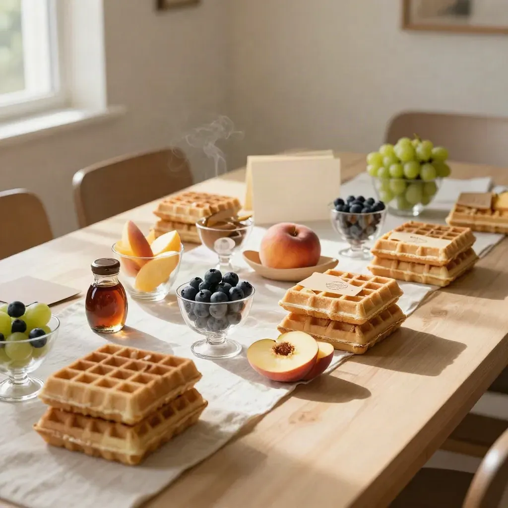 Birthday brunch waffle boxes, fruit cups, and syrup jars on a bright neutral party table