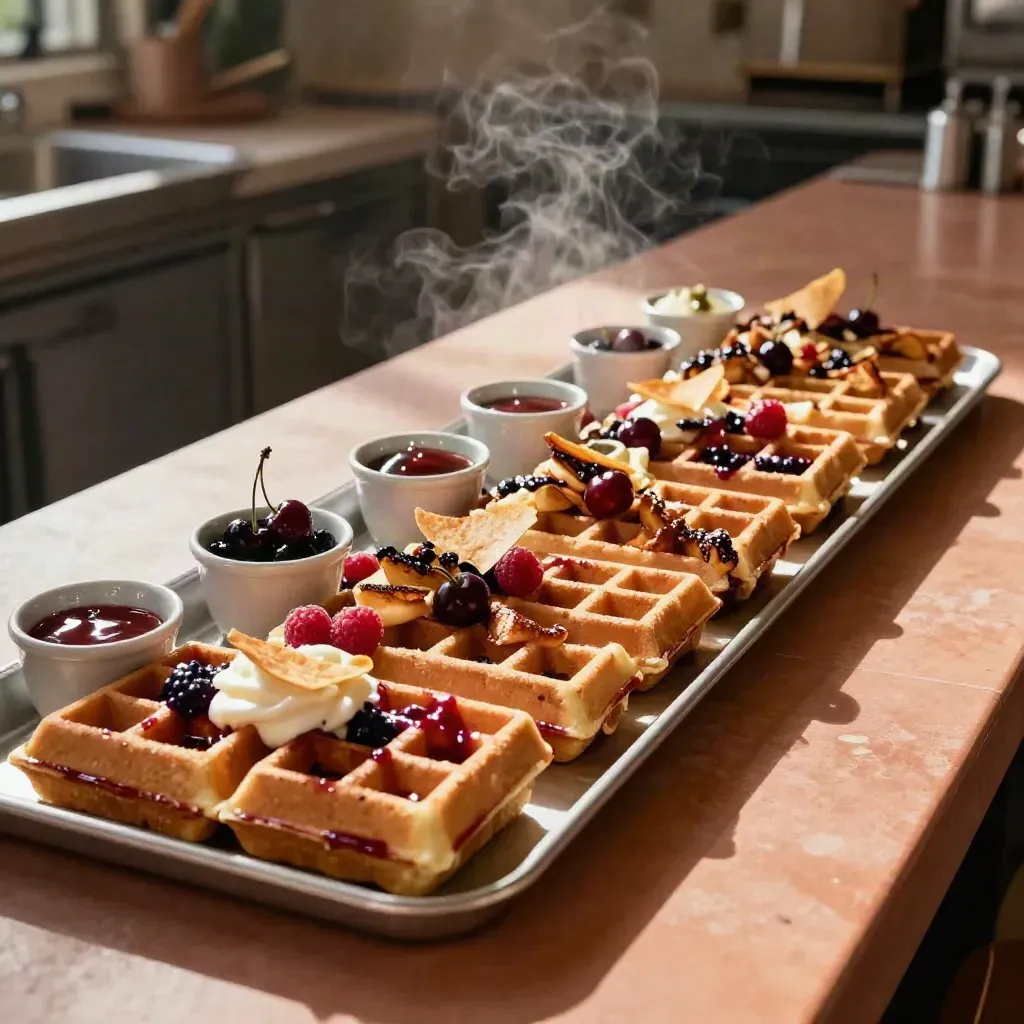 Catering tray of sweet and savory waffles with sauce cups and berries, ready for serving.