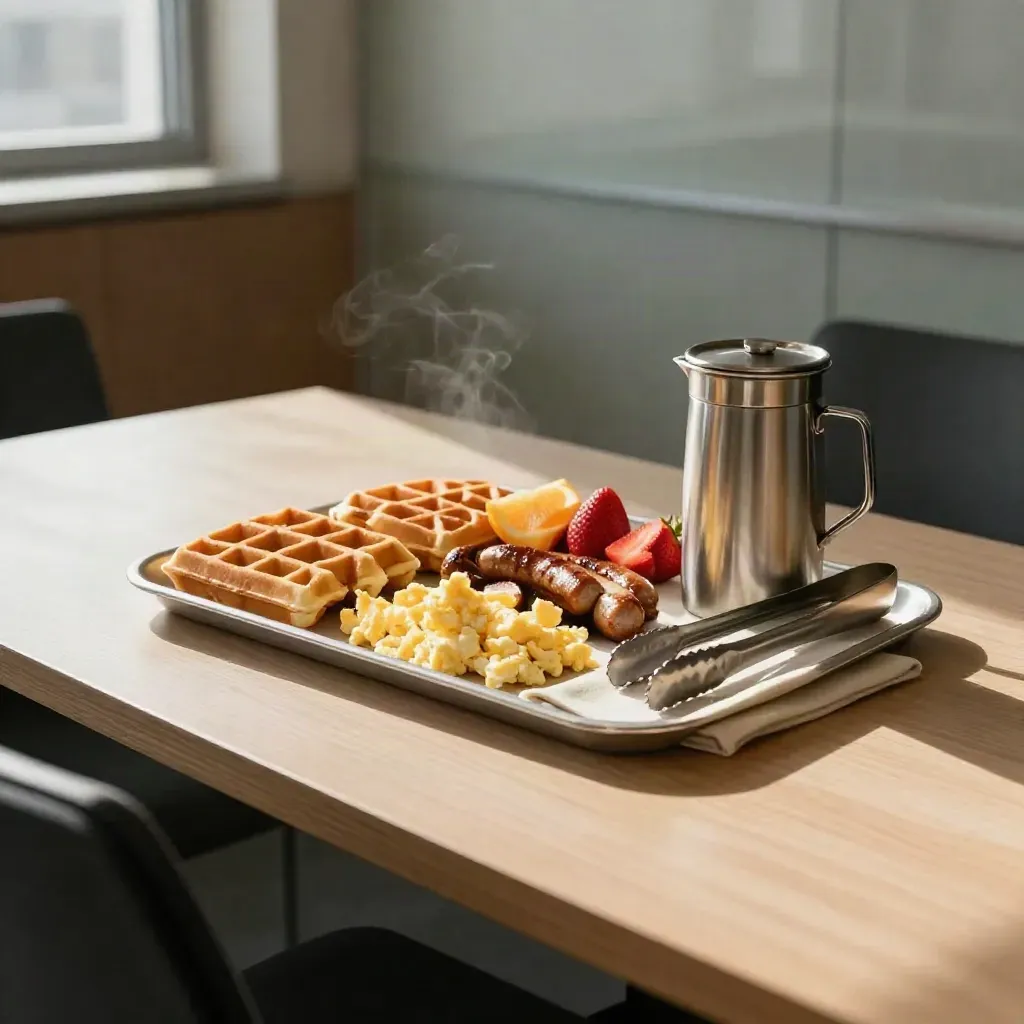 Office breakfast tray with waffles, eggs, sausage, fruit, and coffee steaming on a conference table.