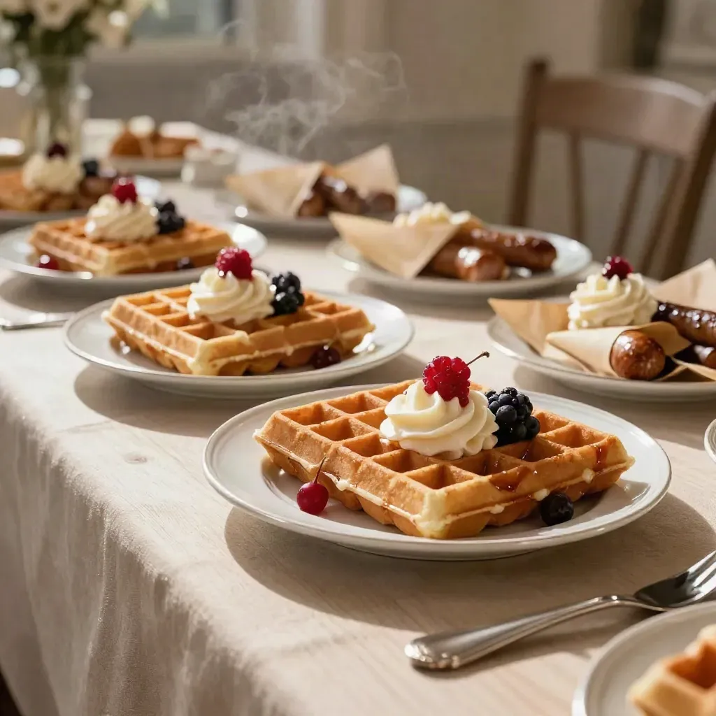 Wedding breakfast waffle trays with cream, berries, and sausage on a linen-covered table.