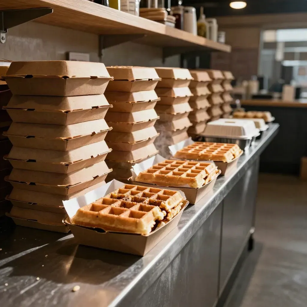 Rows of takeaway waffle boxes ready for pickup, with open boxes showing waffle halves.