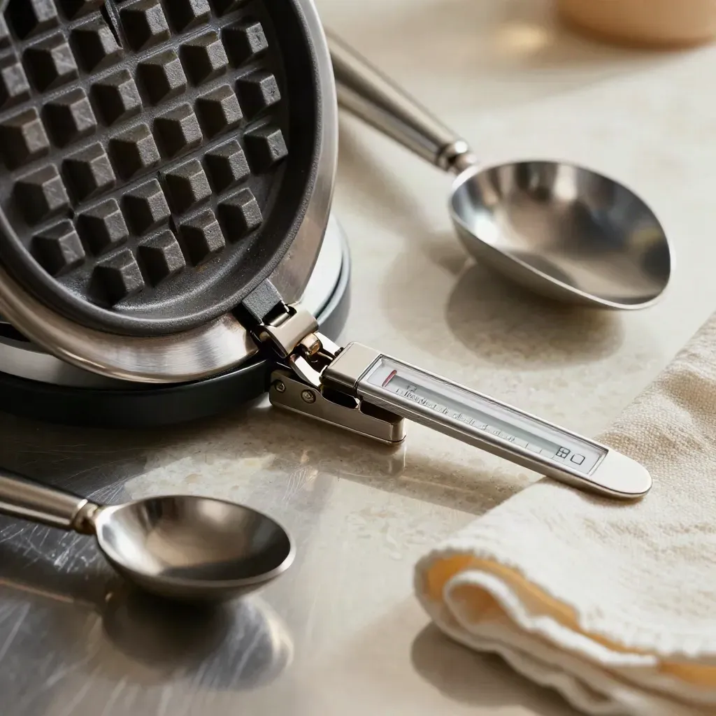 Macro of waffle press hinge, thermometer, scoop, and linen towel on a stainless prep ledge.