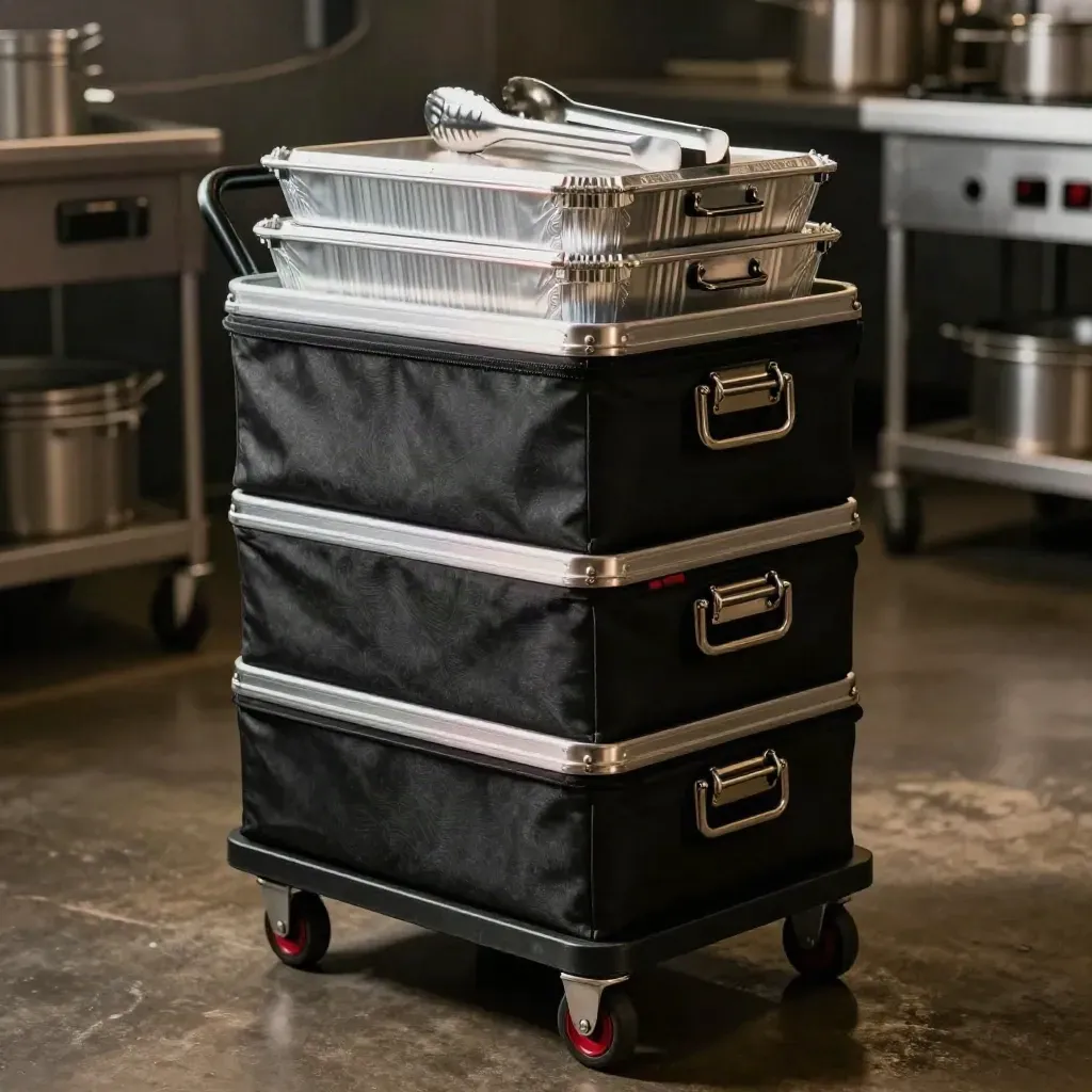 Catering carriers and tray lids stacked on a rolling prep cart in a dark kitchen