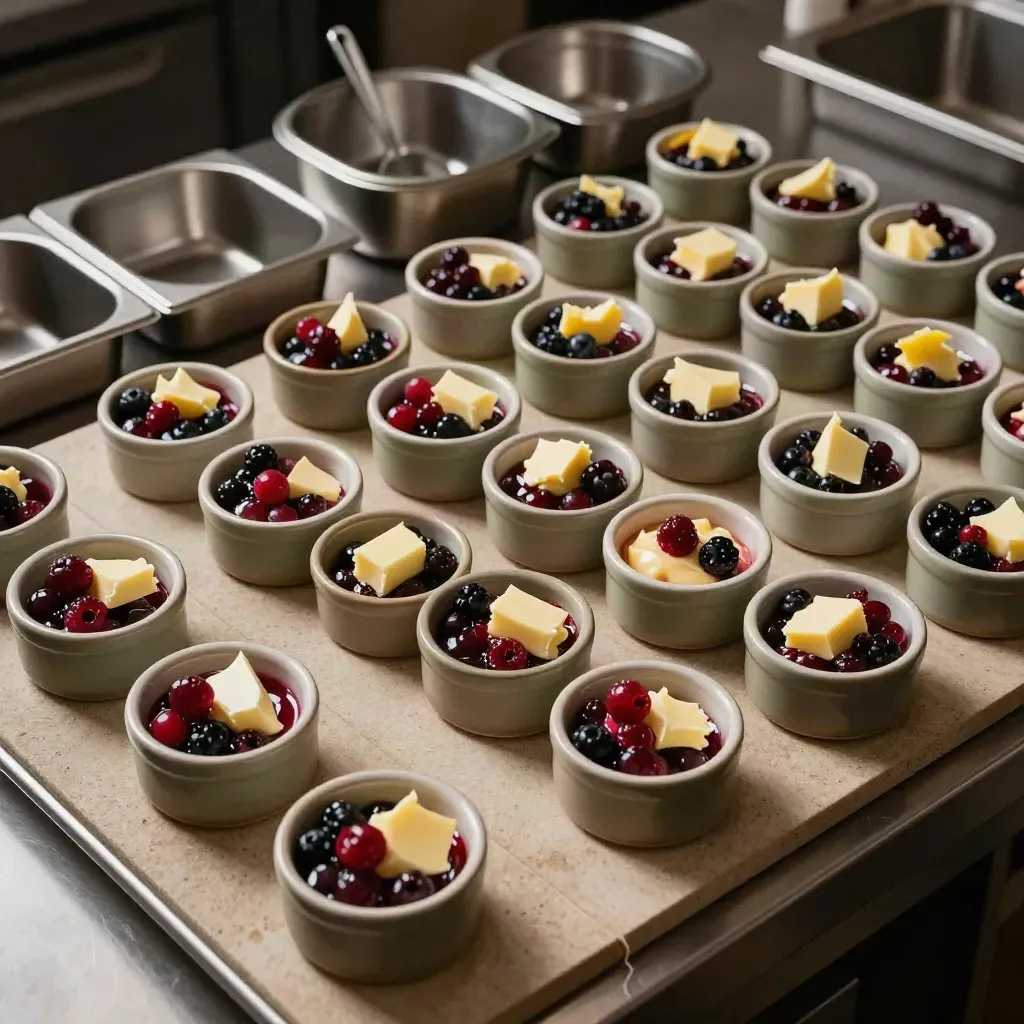 Overhead macro of waffle prep ramekins with berries, cream, butter, scoop and containers