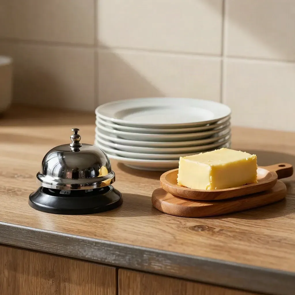 Chrome host bell beside white plates and a butter dish on a maple-brown brunch stand
