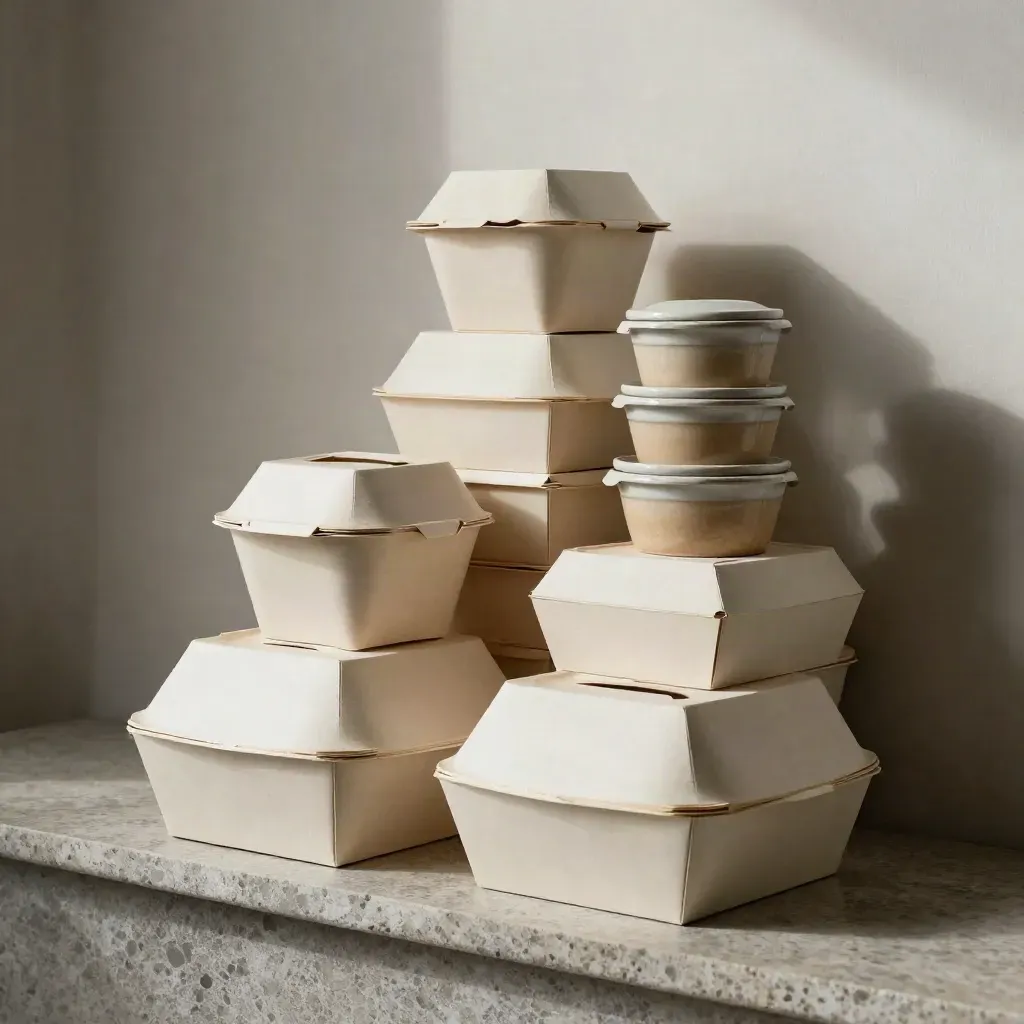 Stepped stacks of takeaway boxes and ramekins on a stone shelf