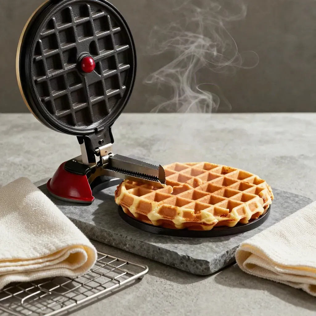 Steam rises from an open waffle press beside a fresh waffle half, cooling rack and folded towel.