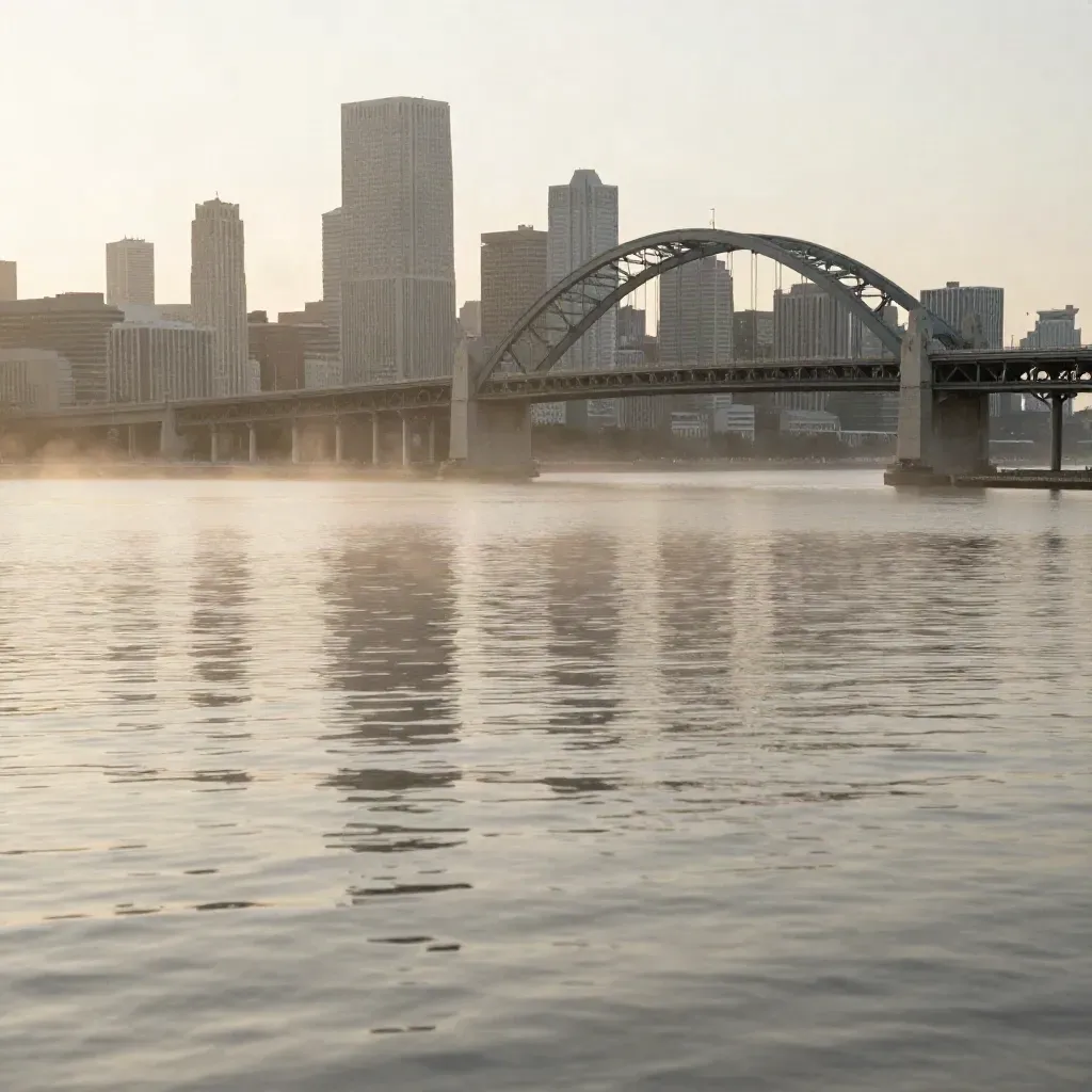 Milwaukee skyline, Hoan Bridge, and pier line over calm dawn lake haze.