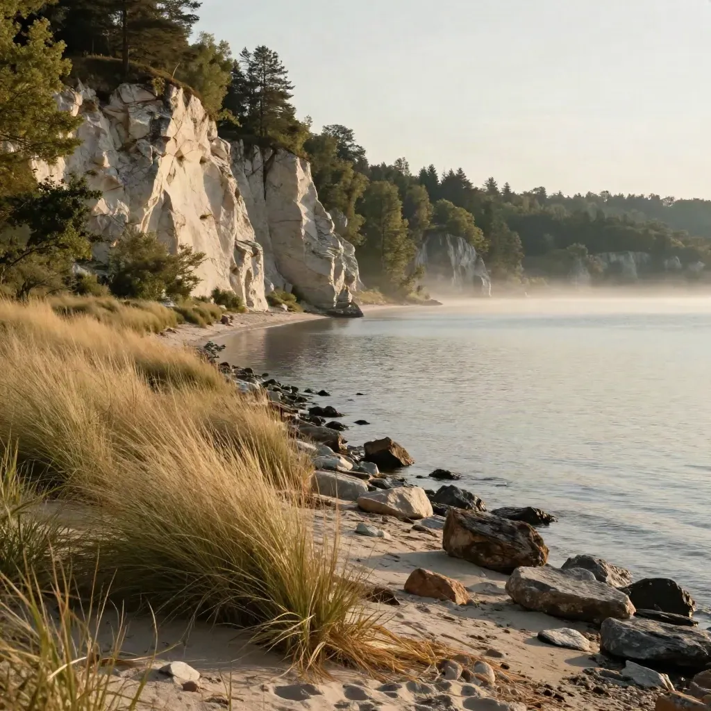 Hazy North Shore bluffs above a calm lake, with open water and shoreline copy space.