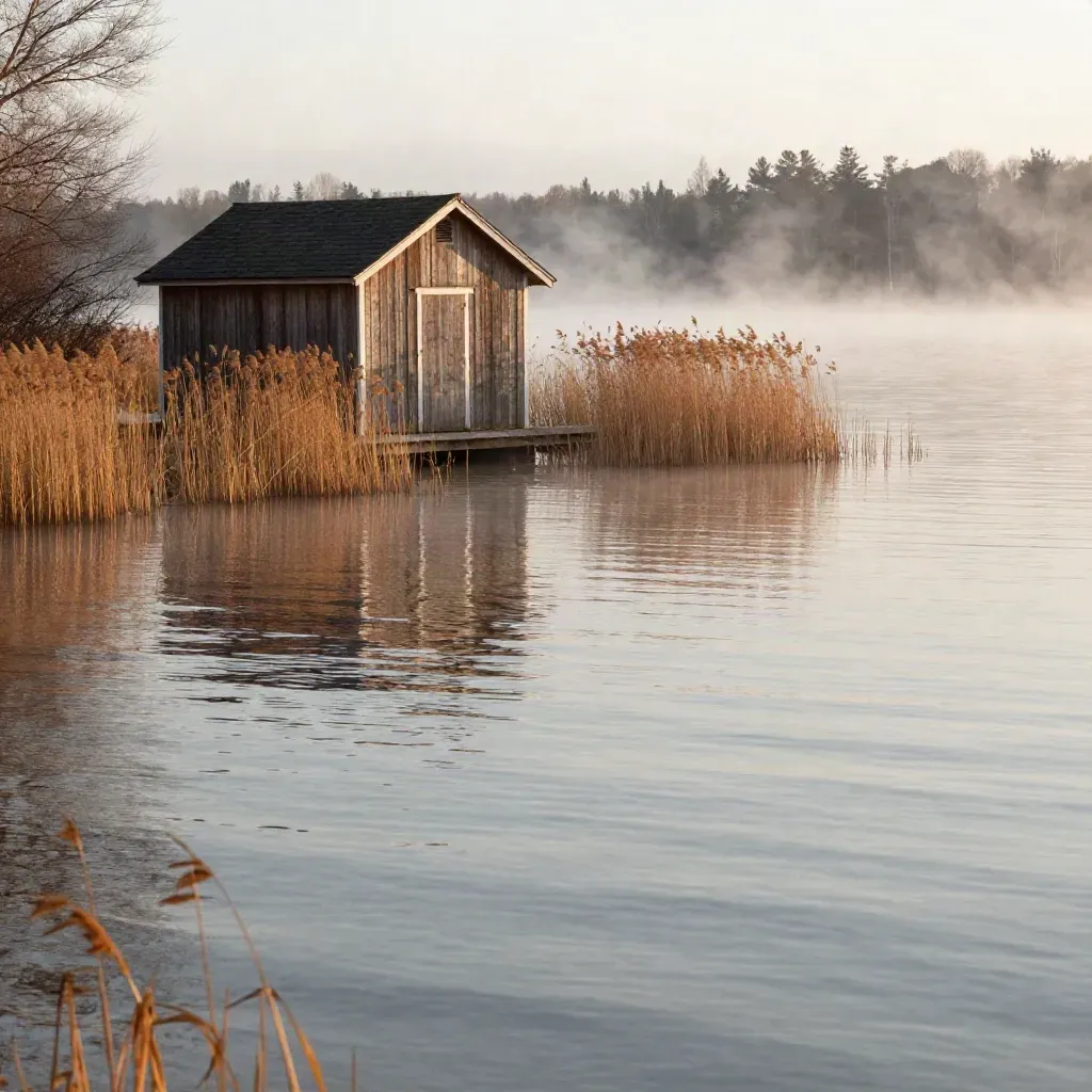 Dawn fog over Lake Country with a small boathouse, reeds, and calm glassy water.
